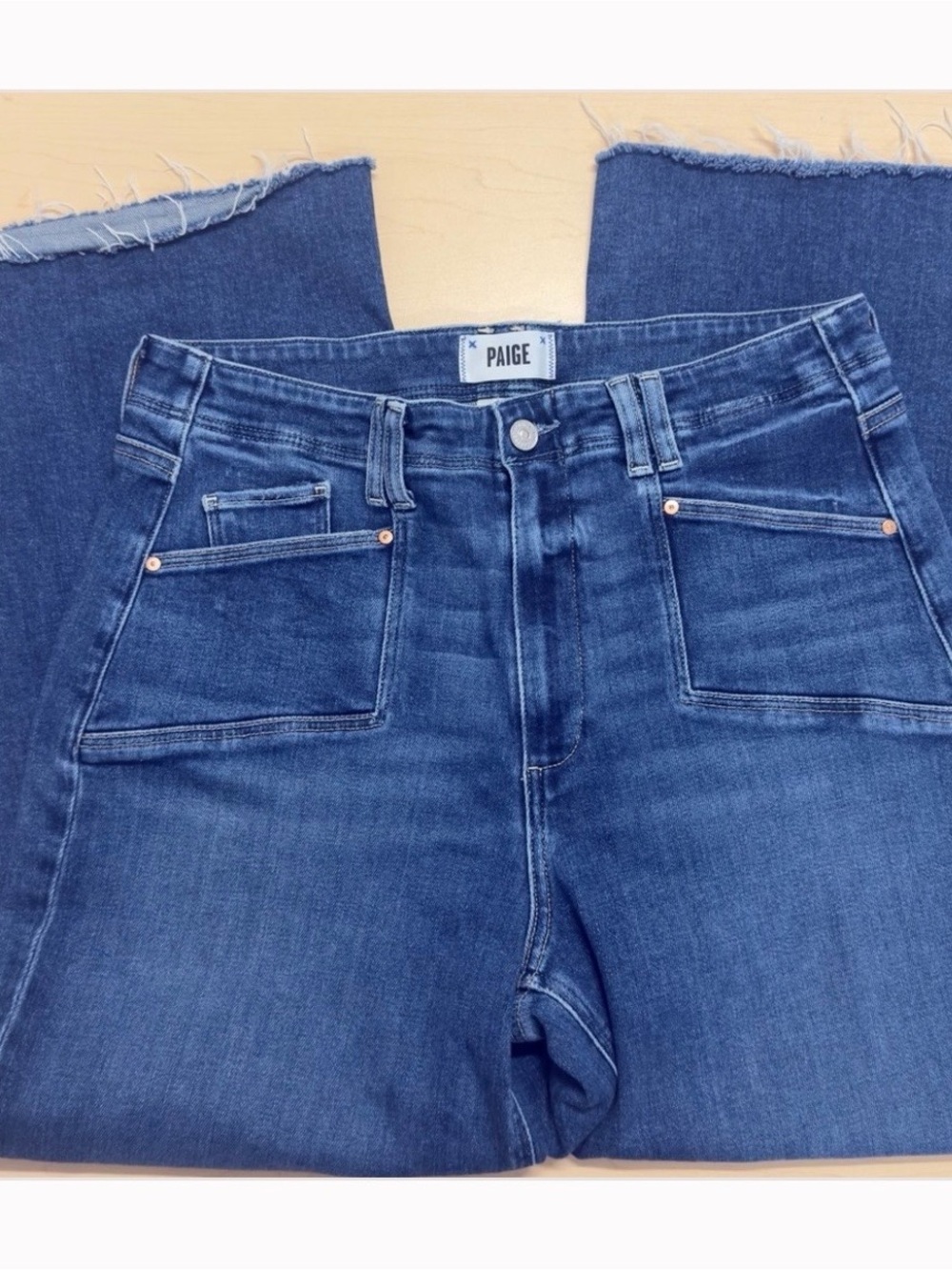 PAIGE Anessa "Sunnie Distressed" High-Rise Wide Leg Crop Jeans Raw Hem Size 32 - Picture 4 of 15